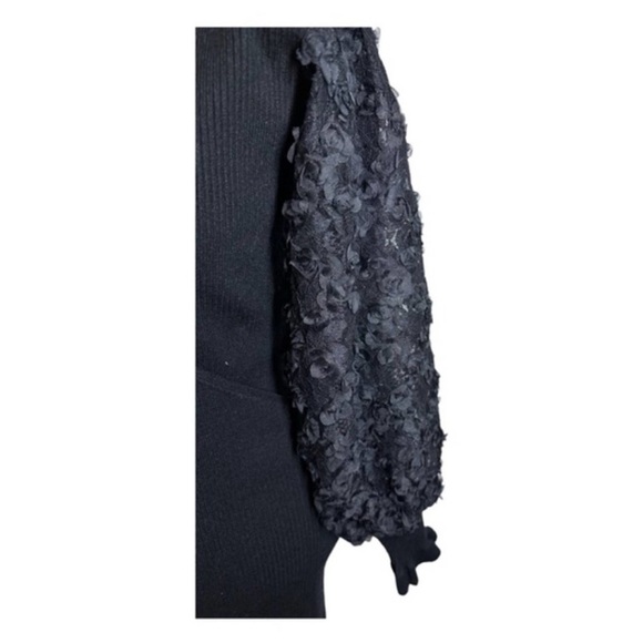 Lush Ribbed Faux Wrap Sweater Dress With Balloon Applique Sleeves in Black - Picture 6 of 8